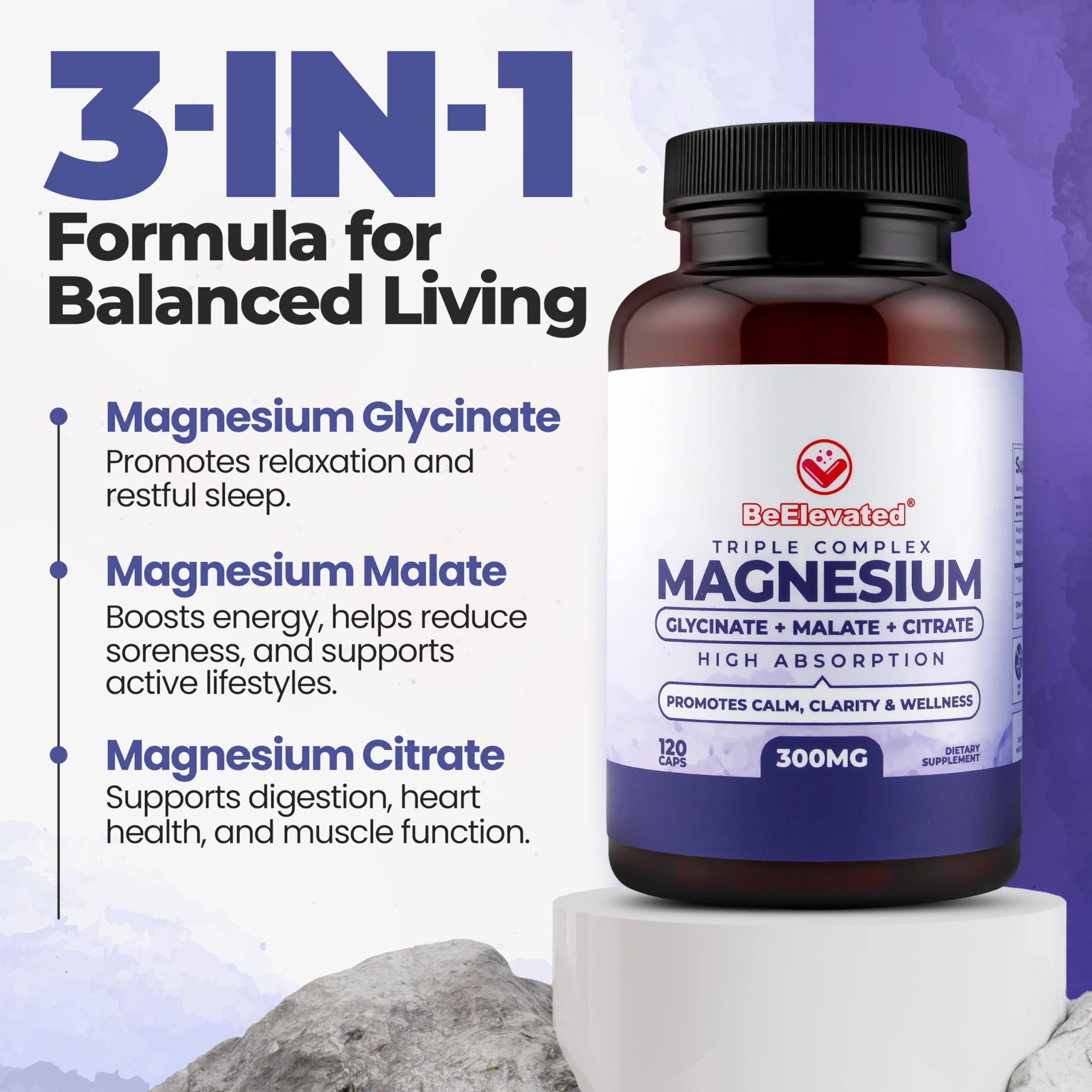 BeElevated Triple Magnesium ingredients panel showing glycinate, citrate, and malate blends