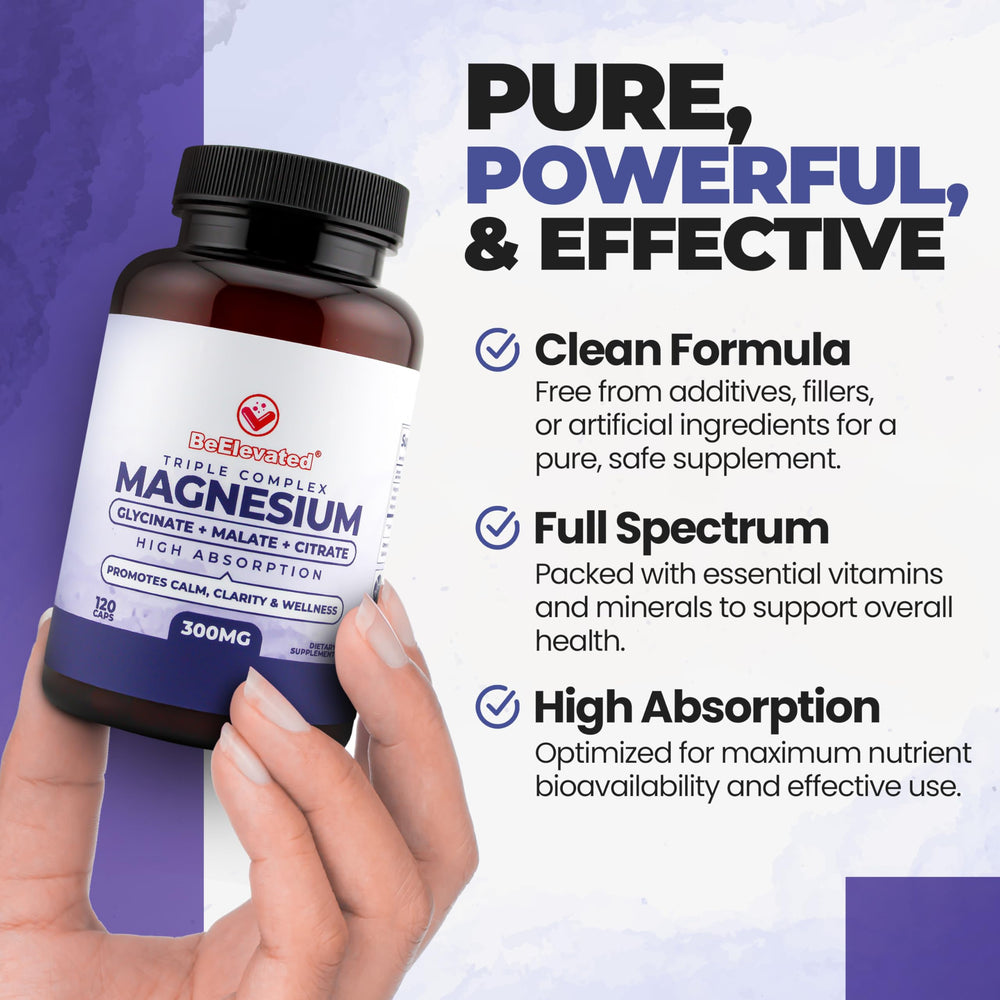 BeElevated Triple Magnesium packaging emphasizing vegan, non-GMO and allergen-free formulation