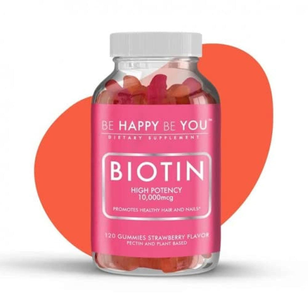 Be Happy Be You Biotin gummies bottle, vegan high-potency supplement for daily use.