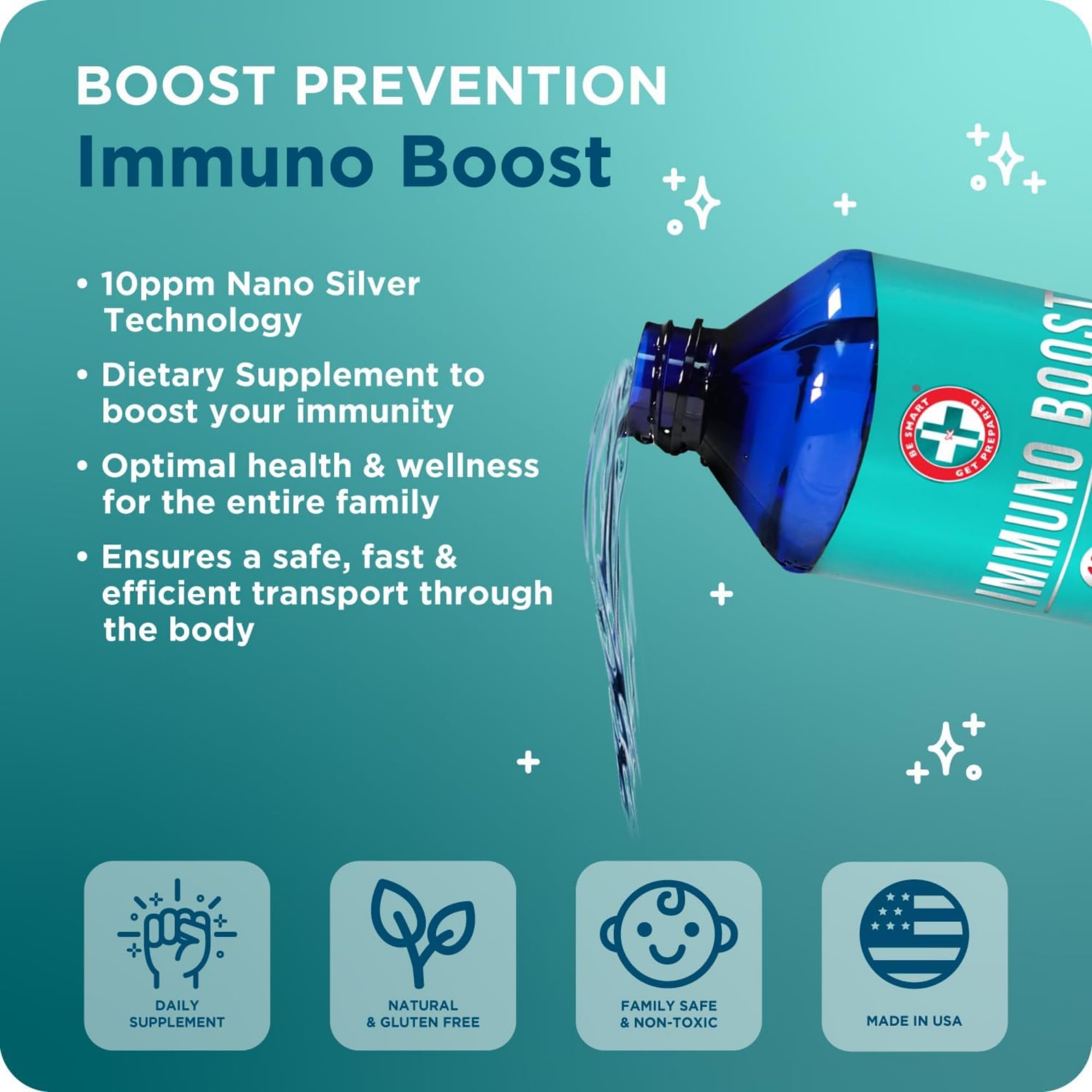 Nano Silver Immuno Boost bottle close-up suggesting immune support for daily wellness
