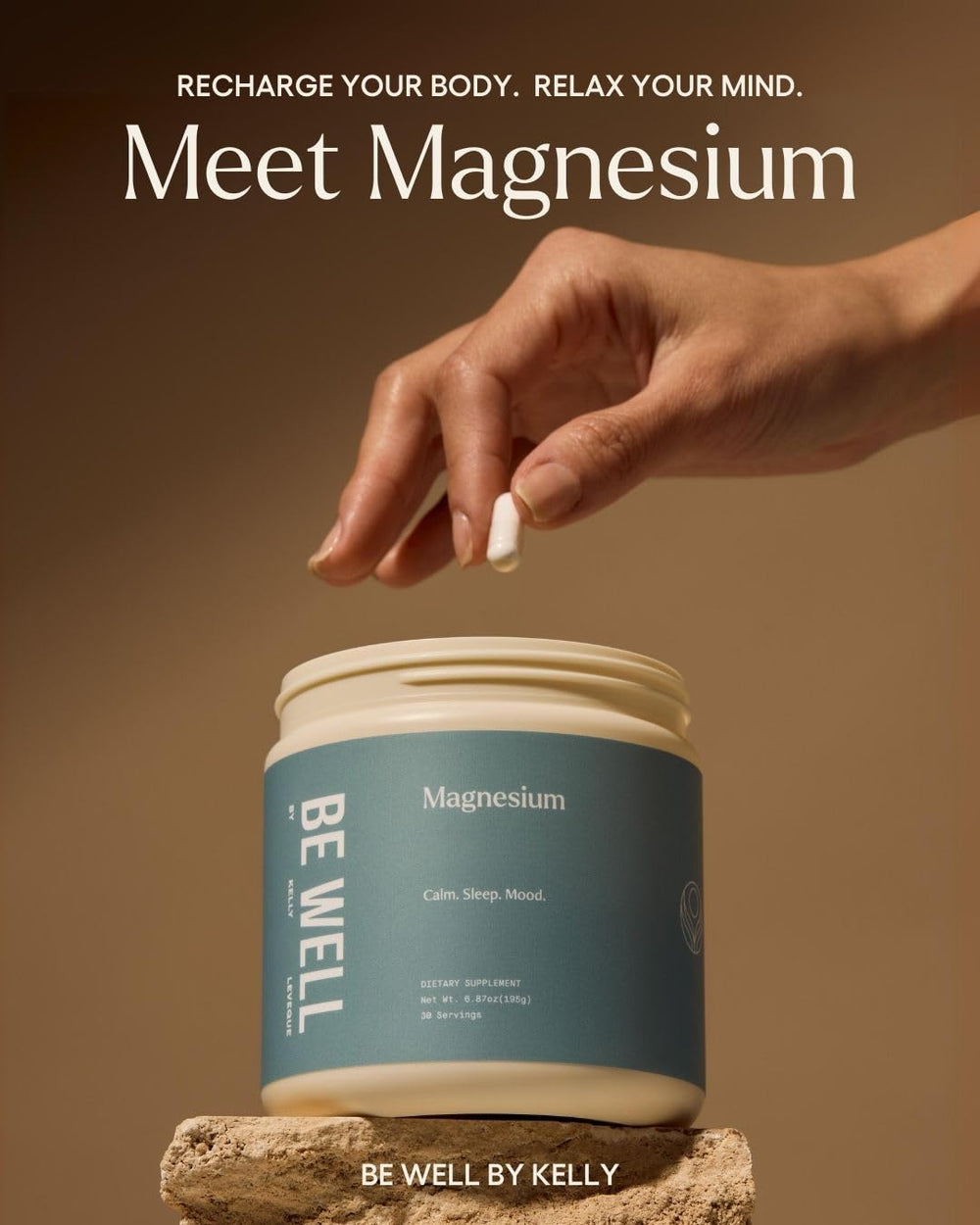 Be Well by Kelly magnesium capsules close view highlighting GABA and L-theanine support.