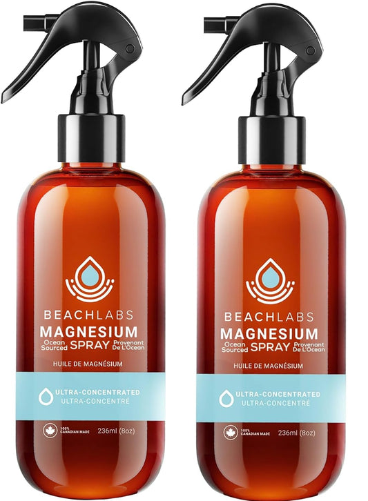 Beach Labs Magnesium Spray bottle front showing branding and compact design for travel