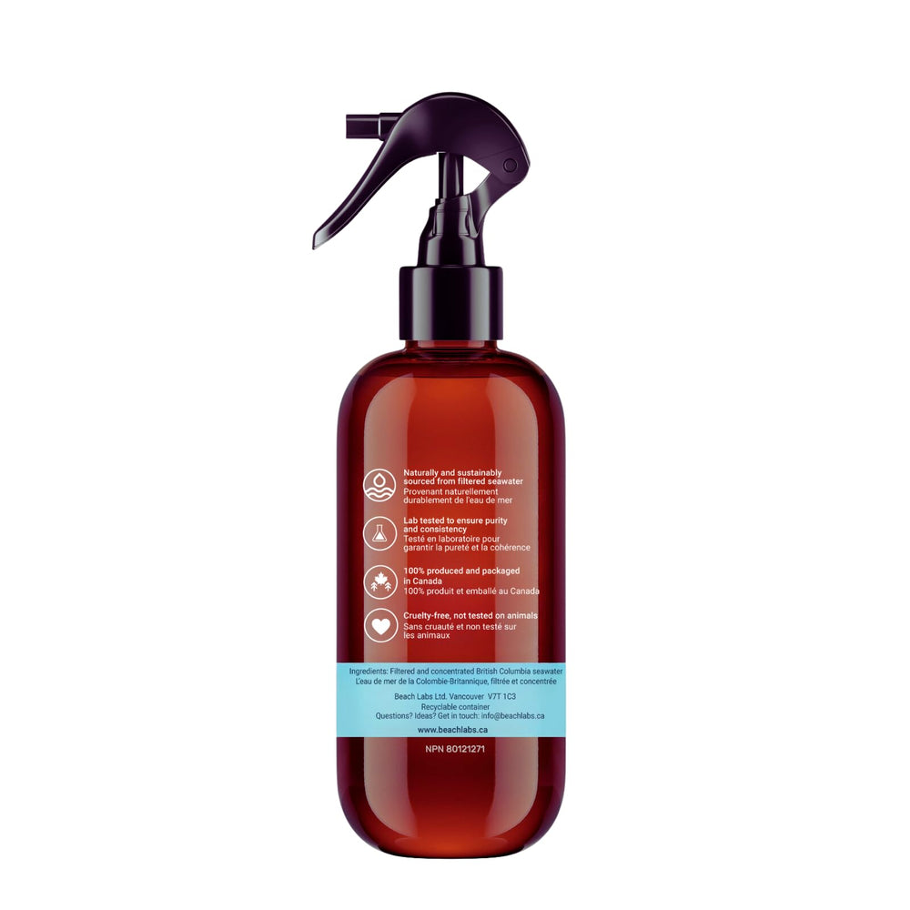 Beach Labs Magnesium Spray bottle label close-up with ingredients and Canada origin