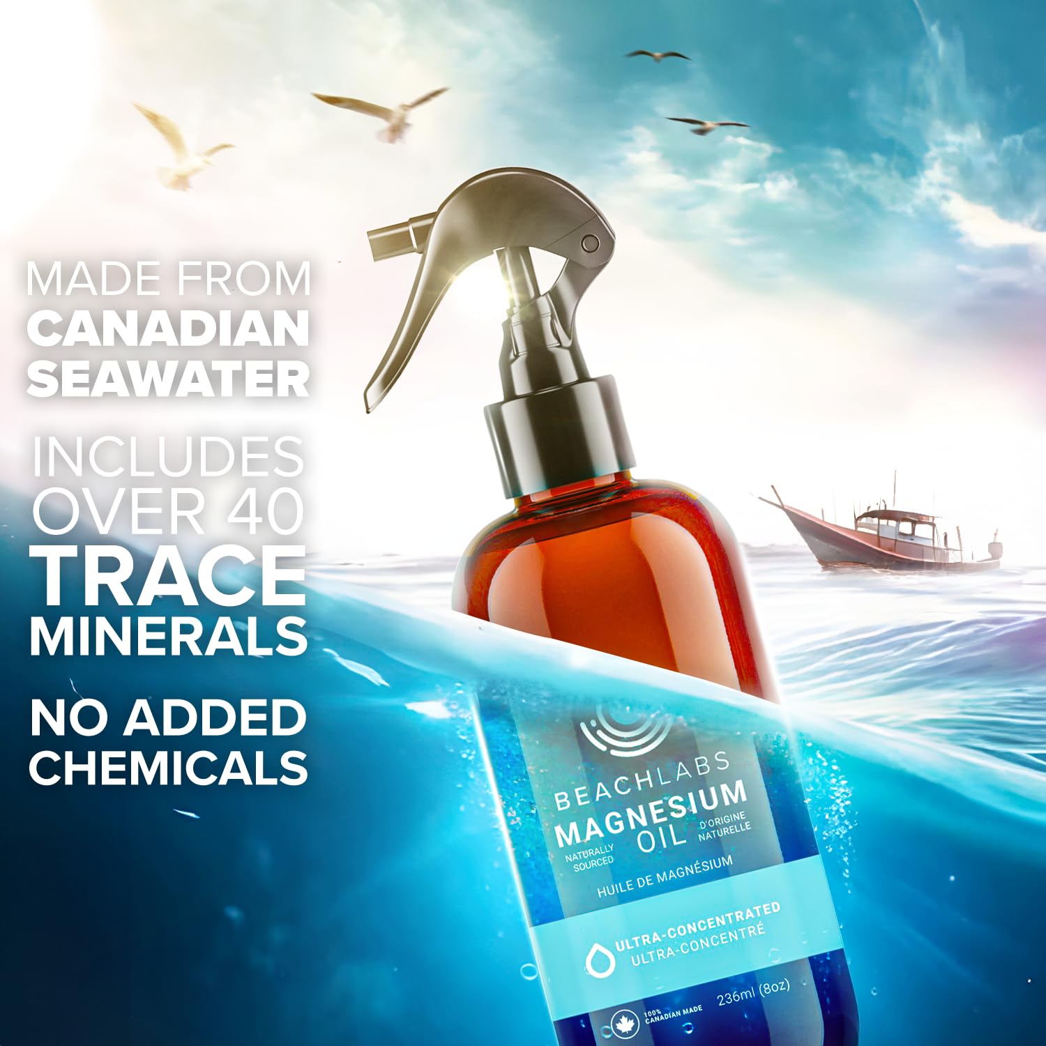 Beach Labs Magnesium Spray mist on arm illustrating quick skin absorption