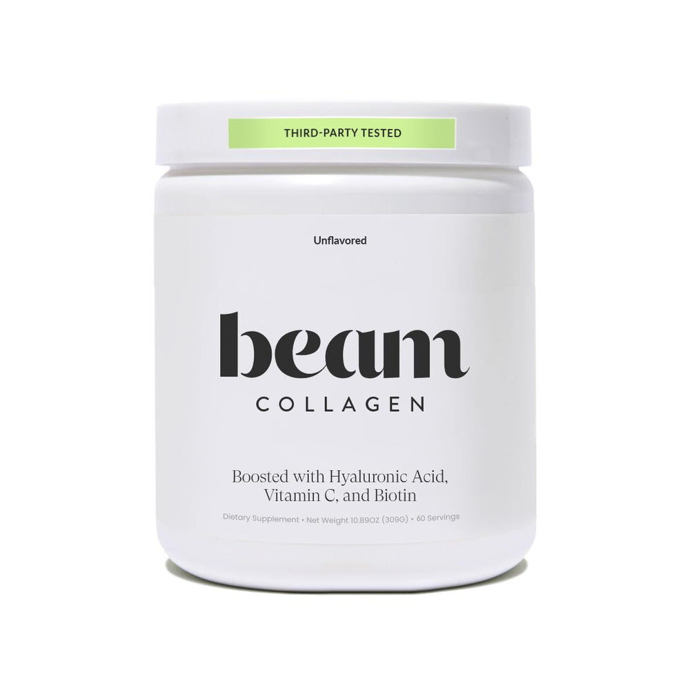 Beam Collagen Powder for Women bottle with scoop and label for daily use