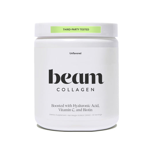 Beam Collagen Powder for Women bottle with scoop and label for daily use