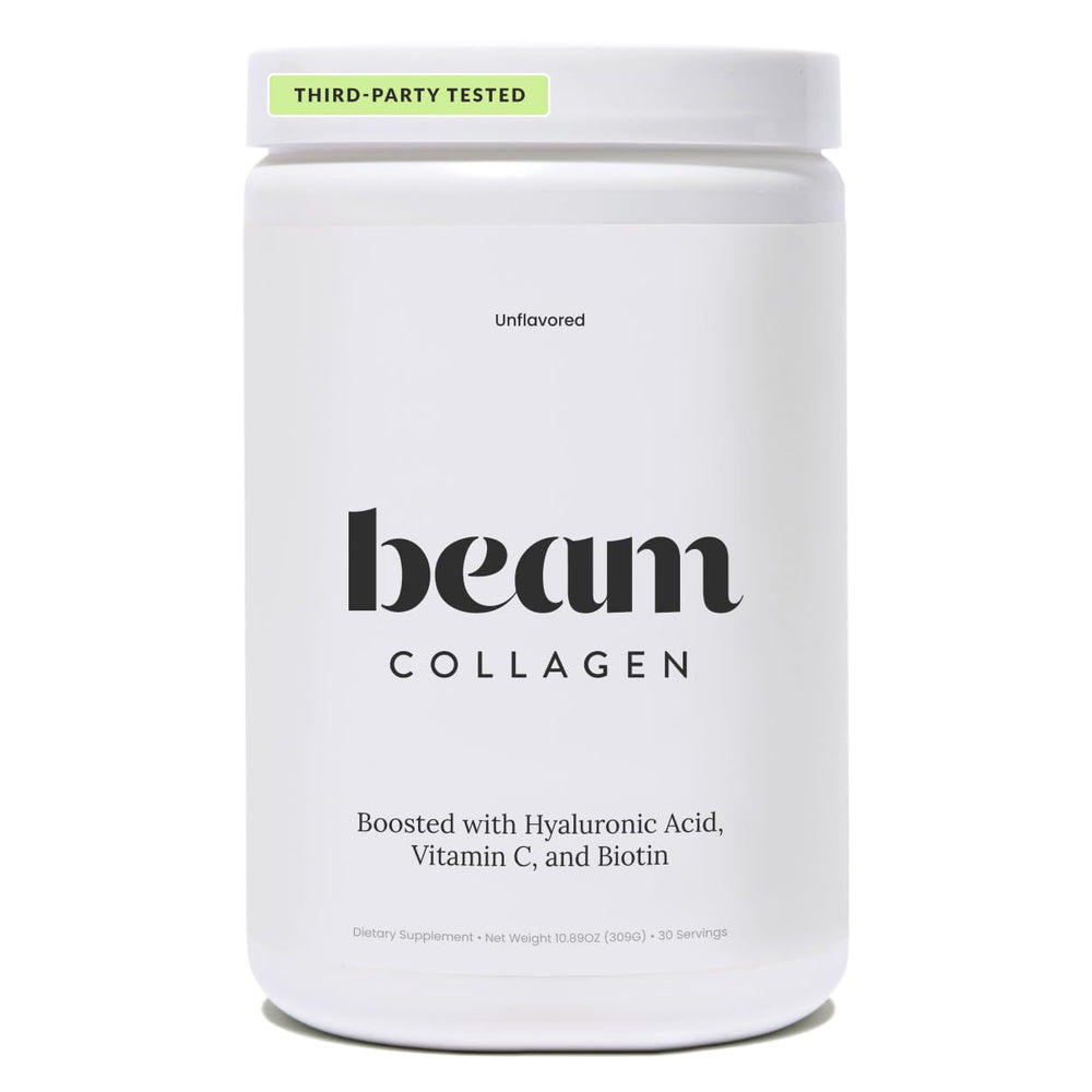 Beam Collagen Powder tub for women on a clean surface, supporting skin and hair.