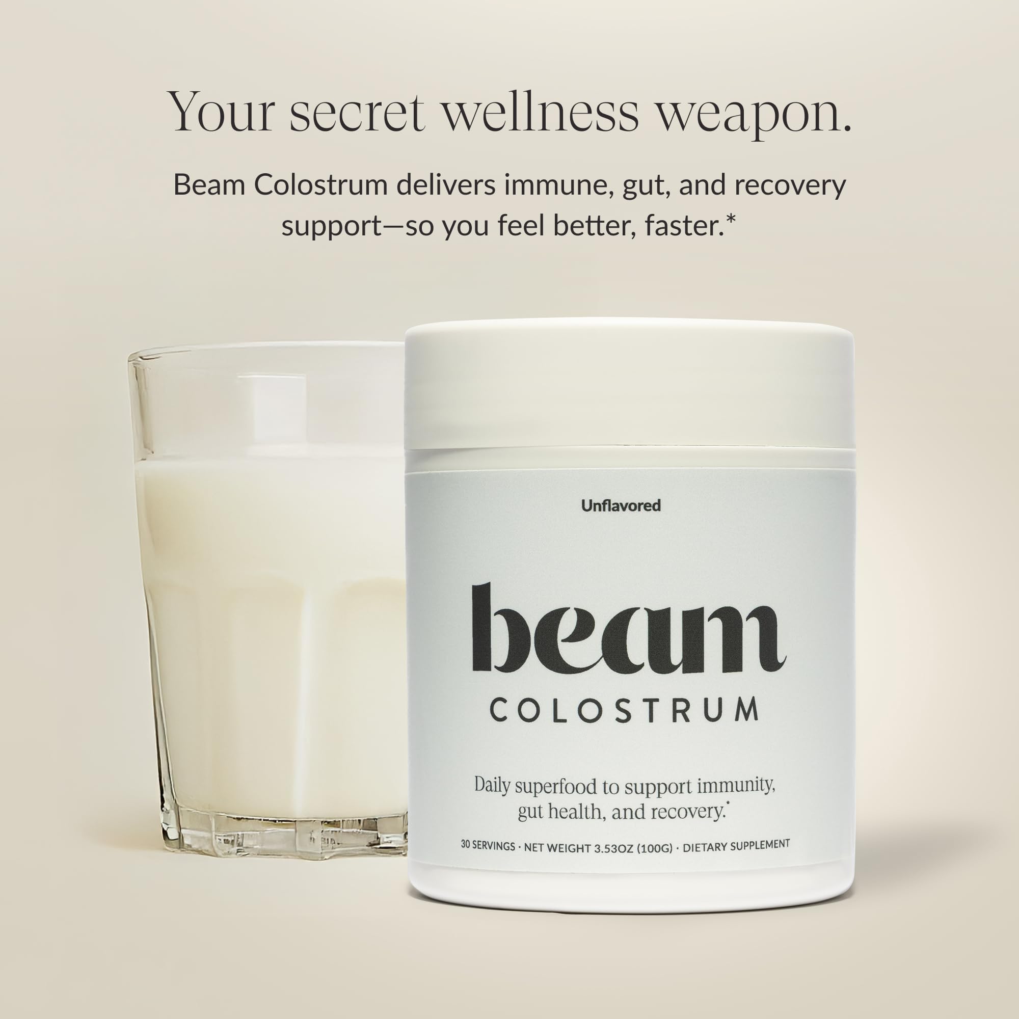 Beam Colostrum Powder close-up on jar highlights purity for immune support.