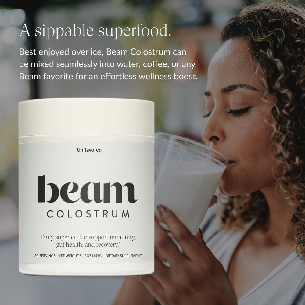 Beam Colostrum Powder Non-GMO label indicating clean ingredients.