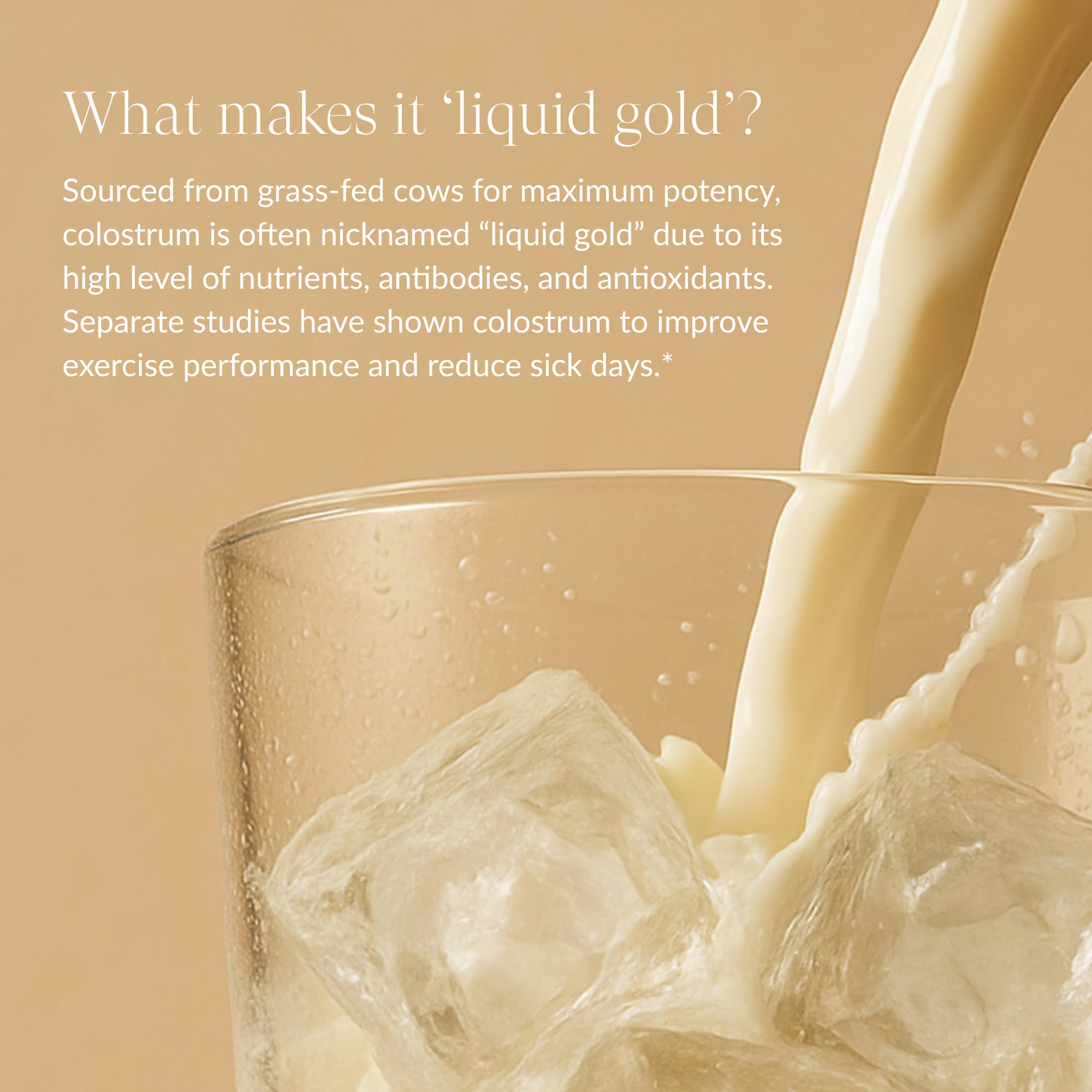 Beam Colostrum Powder pouring into liquid for easy daily use.