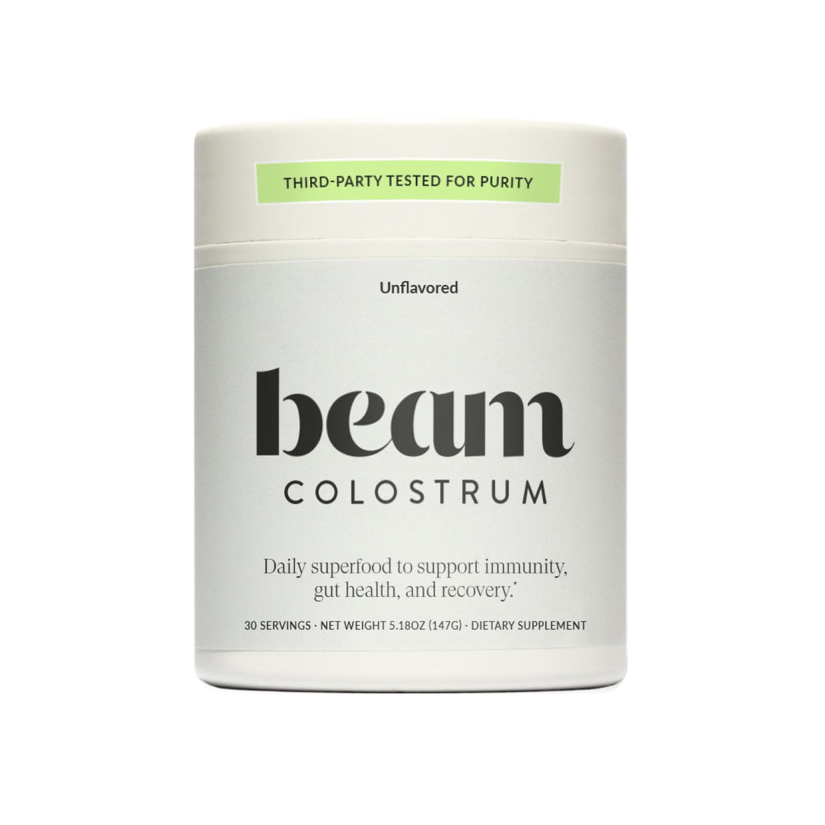 Beam Colostrum Powder with scoop shows a 3g serving for gut health.