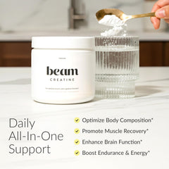 Beam Creatine Monohydrate Powder tub back label shows third-party testing
