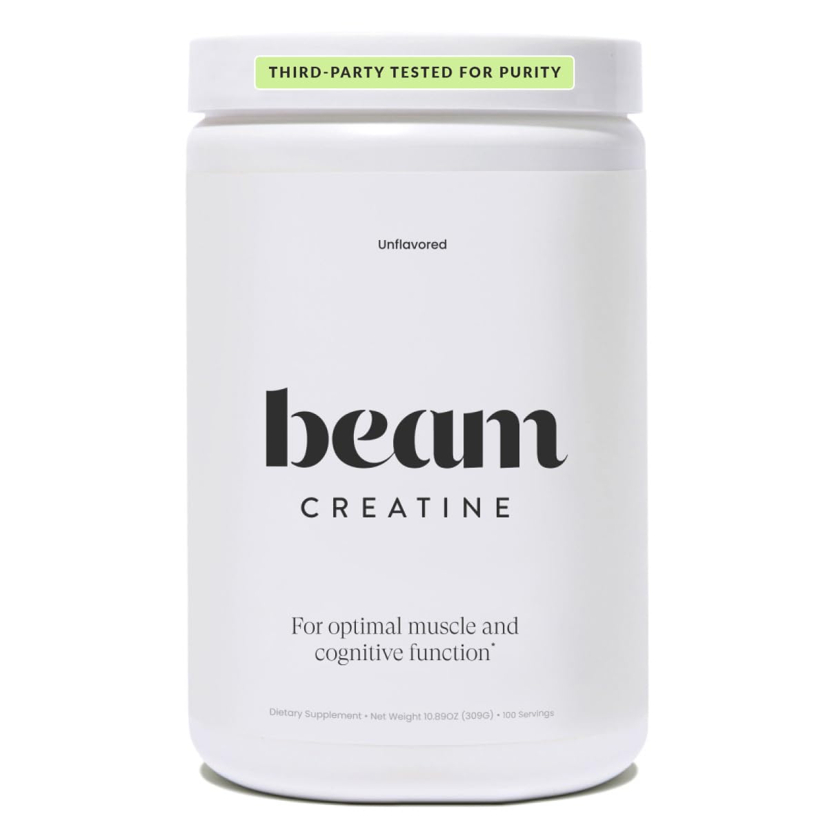 Beam Creatine Monohydrate Powder tub front highlights unflavored formula for workouts