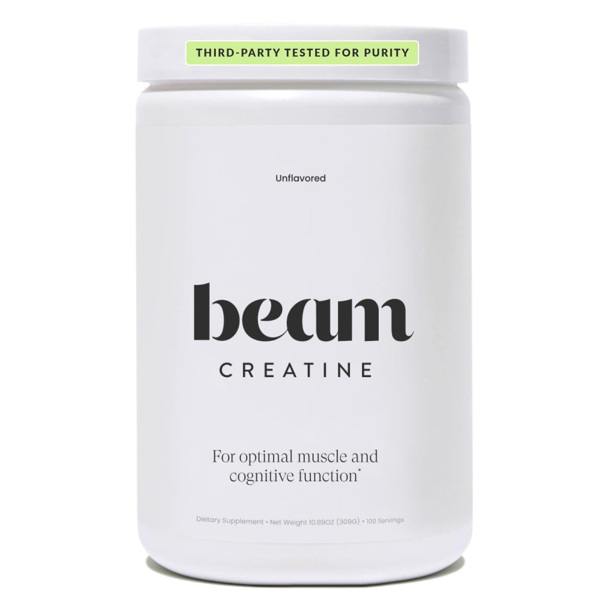 Beam Creatine Monohydrate Powder tub front highlights unflavored formula for workouts
