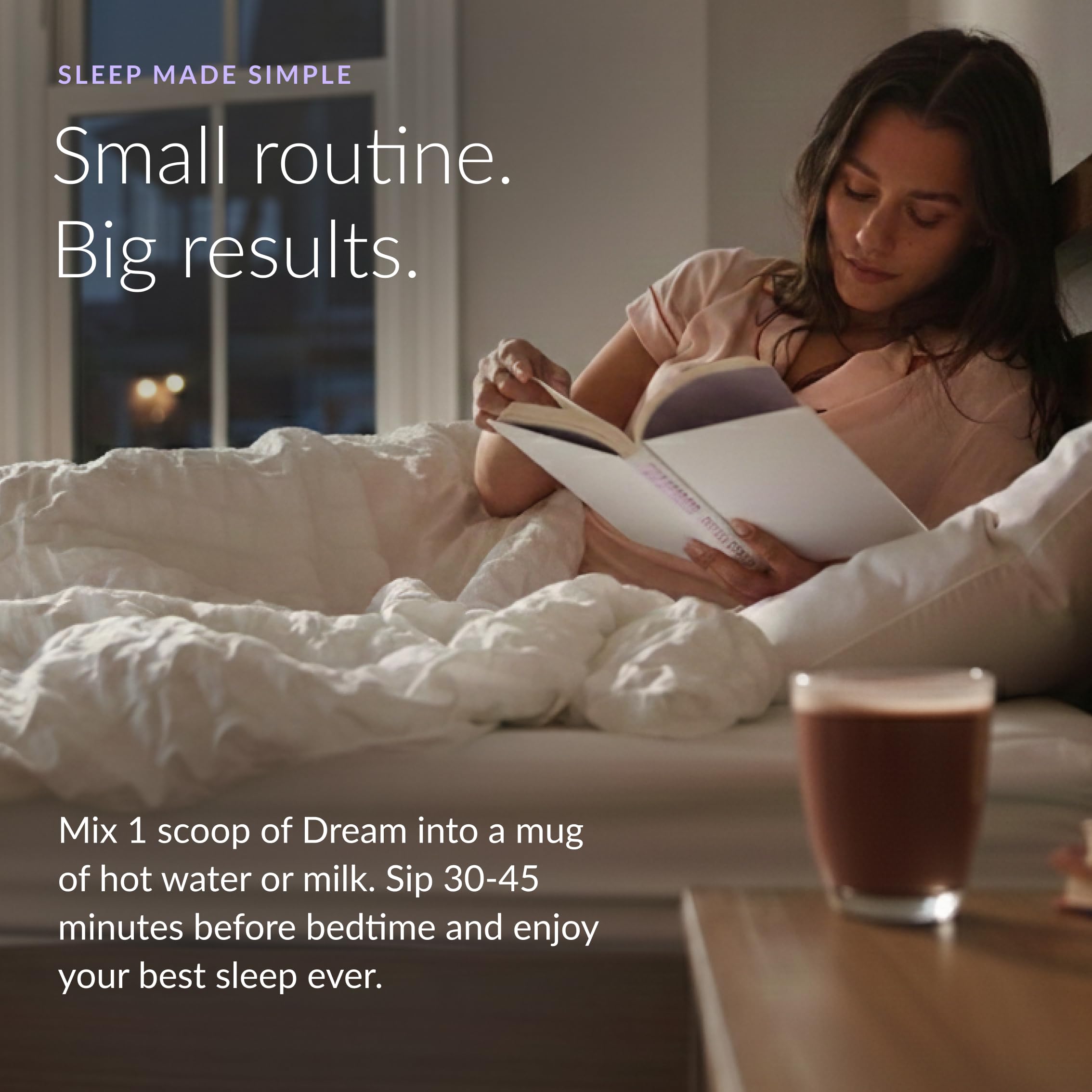 Beam Dream Sleep Powder dissolving in hot cinnamon cocoa for relaxation.