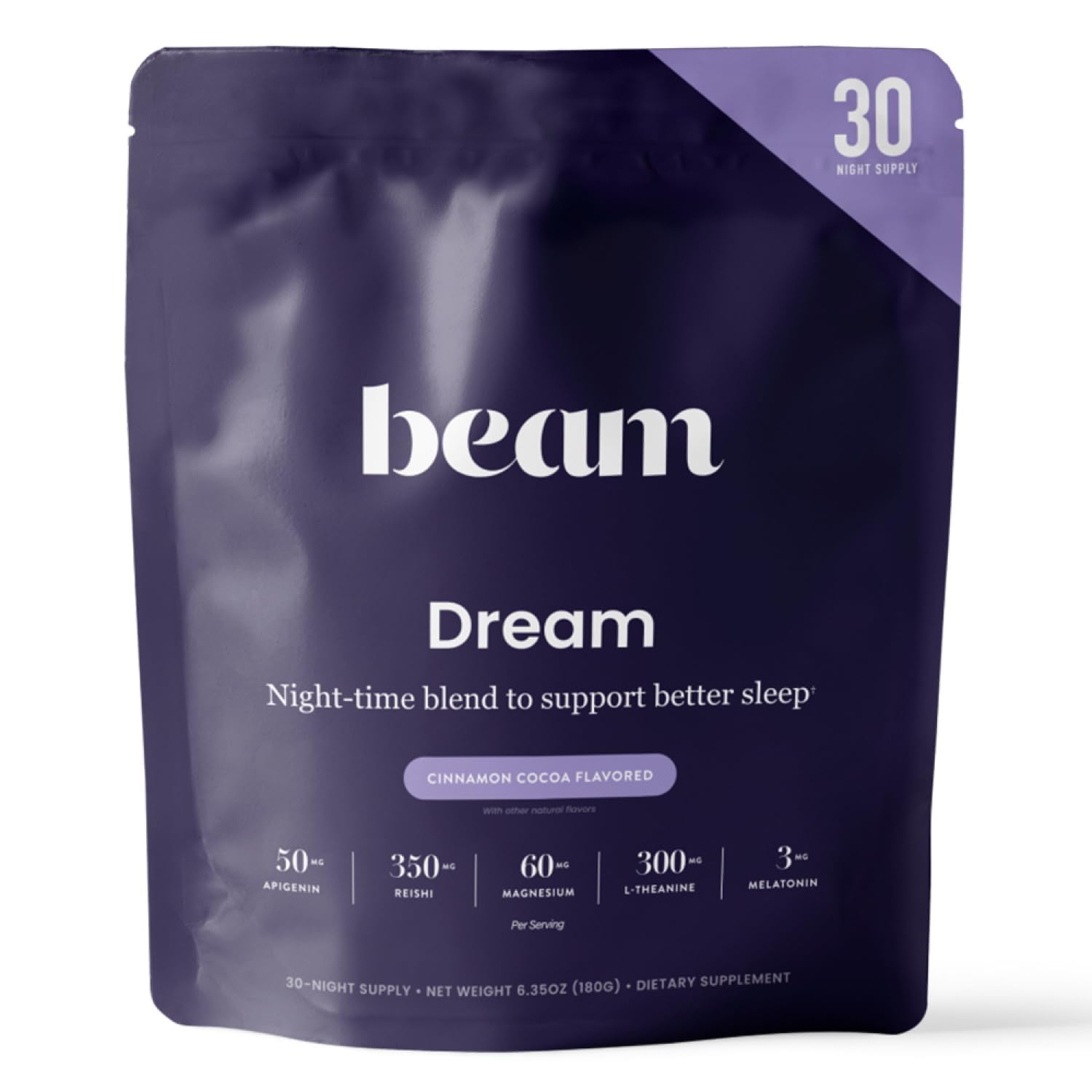 Beam Dream Sleep Powder tub label promotes a calm bedtime routine.