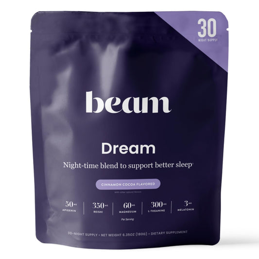 Beam Dream Sleep Powder tub label promotes a calm bedtime routine.