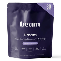 Beam Dream Sleep Powder tub label promotes a calm bedtime routine.