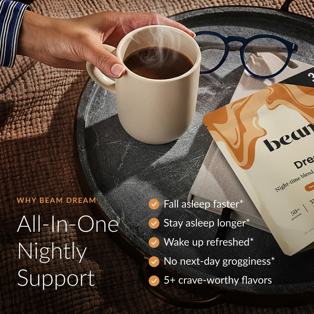 Beam Dream Sleep Powder tub side view showing a clean, plant-based formula for relaxation.