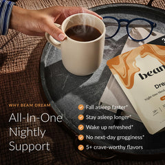 Beam Dream Sleep Powder tub side view showing a clean, plant-based formula for relaxation.