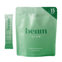 Beam Glow bottle pour shows a simple daily hormone support ritual for women.