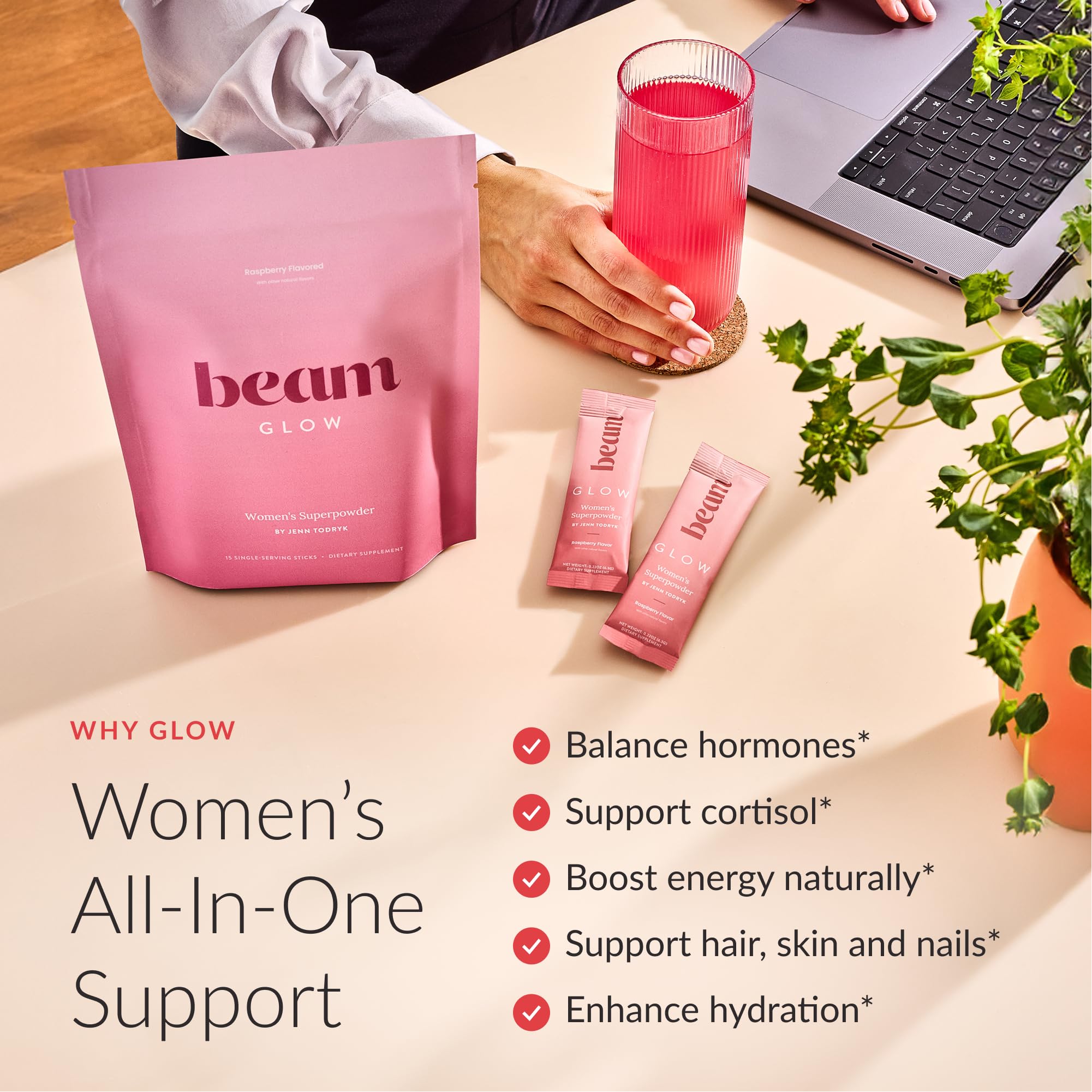 Beam Glow capsules closeup highlighting Ashwagandha and selenium benefits.