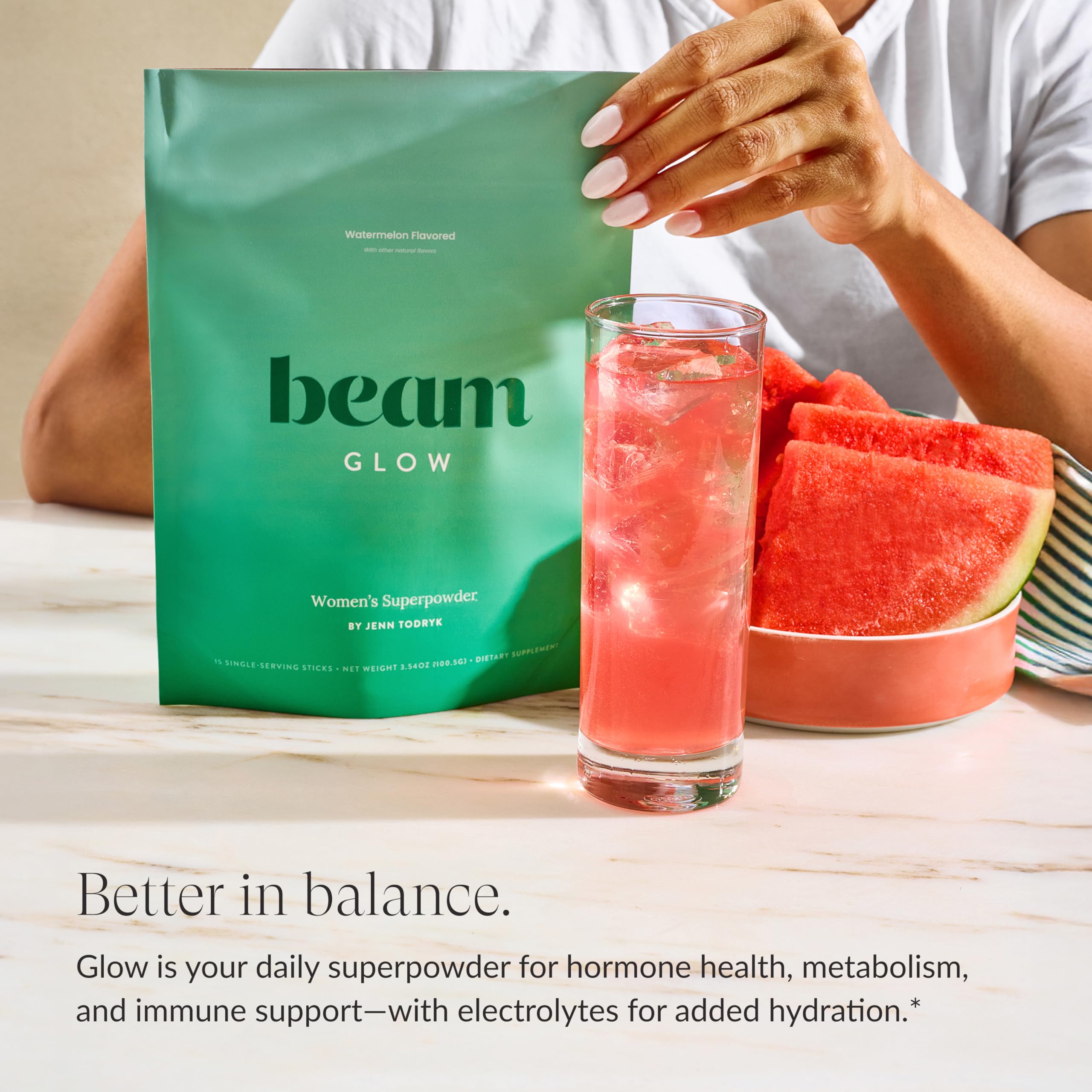Beam Glow capsules closeup highlights targeted PMS and cycle health support.