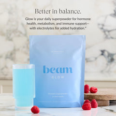 Closeup of Beam Glow capsules highlighting easy daily intake
