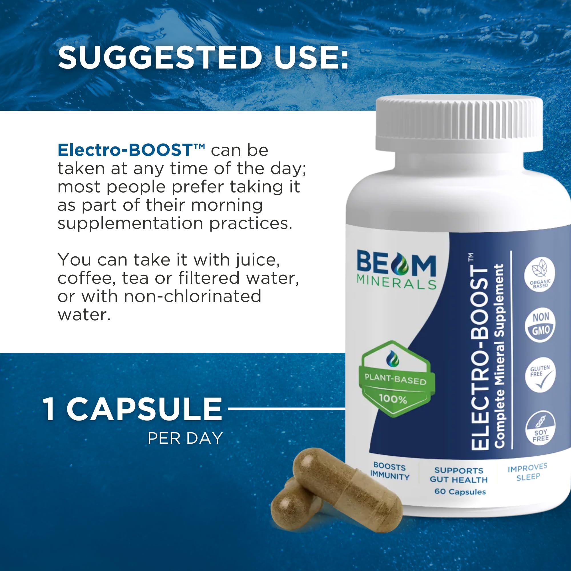 Beam Minerals bottle with seal and label, conveying clean label and quality.