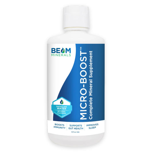 BEAM MINERALS Micro-Boost bottle closeup showing a clean plant-based mineral supplement.
