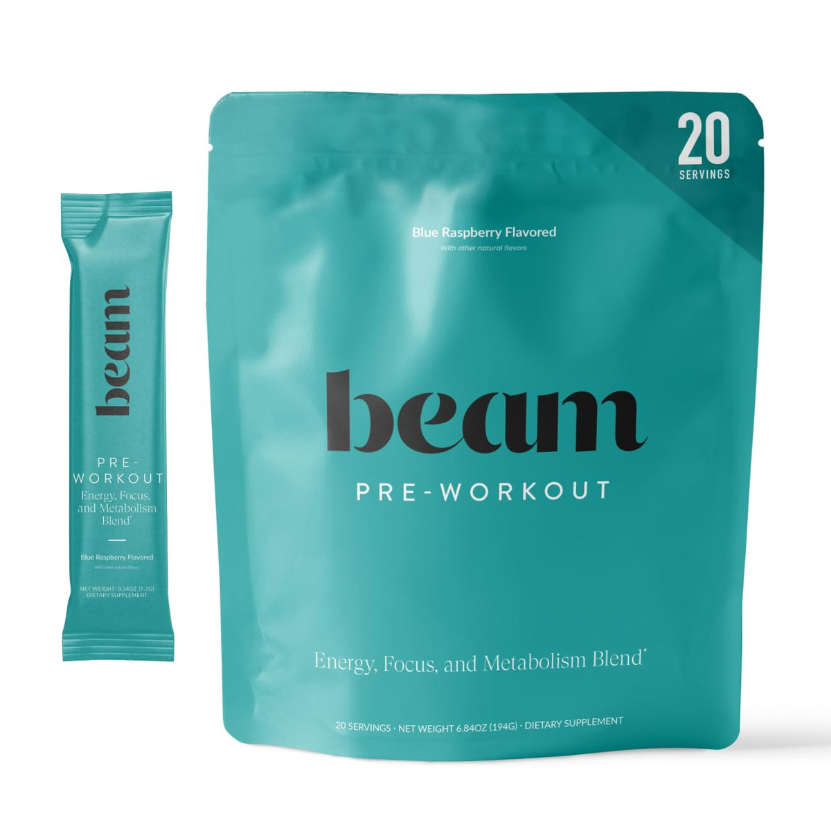 Beam Pre Workout blue raspberry flavor tub ready to mix for energy and focus