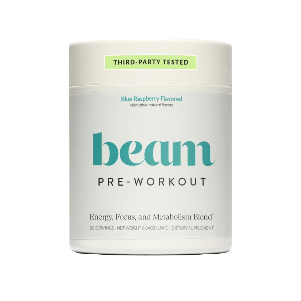 Beam Pre Workout Powder blue raspberry tub shows flavor and powder texture for workouts with steady energy