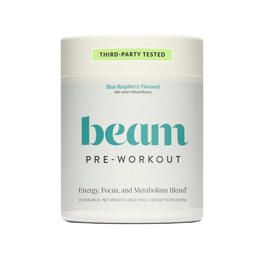 Beam Pre Workout Powder blue raspberry tub shows flavor and powder texture for workouts with steady energy