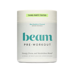 Beam Pre Workout Powder blue raspberry tub shows flavor and powder texture for workouts with steady energy
