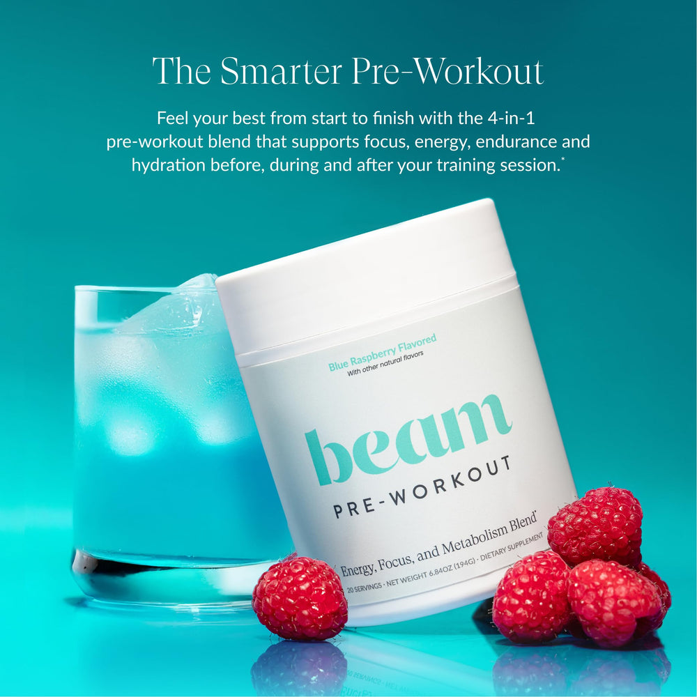 Beam Pre Workout Powder organic caffeine label highlights PurCaf content for smooth energy during workouts