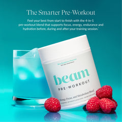 Beam Pre Workout Powder organic caffeine label highlights PurCaf content for smooth energy during workouts