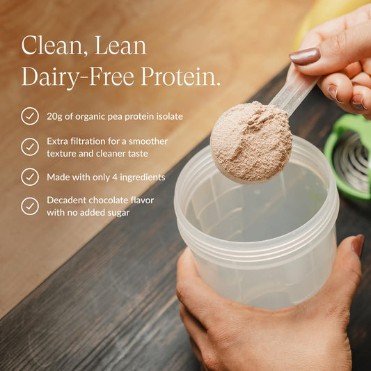 Chocolate Beam shake in glass illustrates delicious plant-based protein.