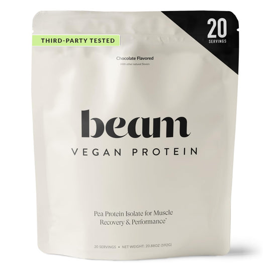 Beam Vegan Protein Powder jar showing 20g protein per serving for workouts.