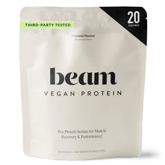 Beam Vegan Protein Powder jar showing 20g protein per serving for workouts.