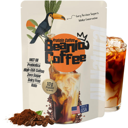 Beanio Protein Iced Coffee bottle pour showing ready-to-serve energy on the go