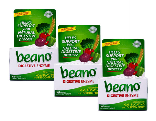Beano Food Enzyme 3-pack bottle on kitchen counter supports bean-rich meals.