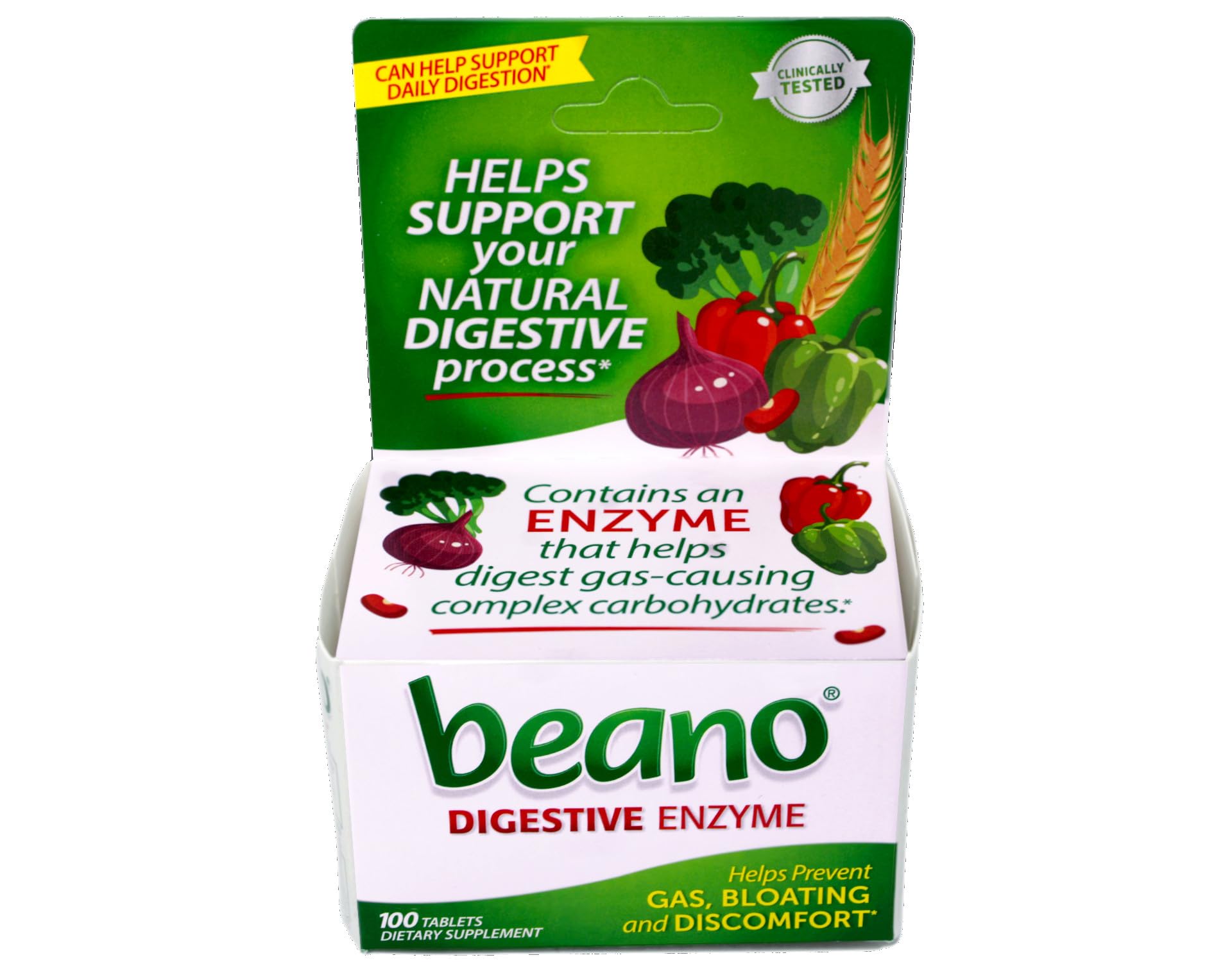 Beano on dining table with bean dish, ready for digestion support.
