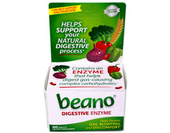 Beano on dining table with bean dish, ready for digestion support.