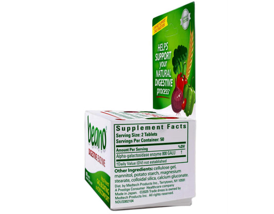 Close-up of Beano label on a 3-pack, easy-to-use daily enzyme.