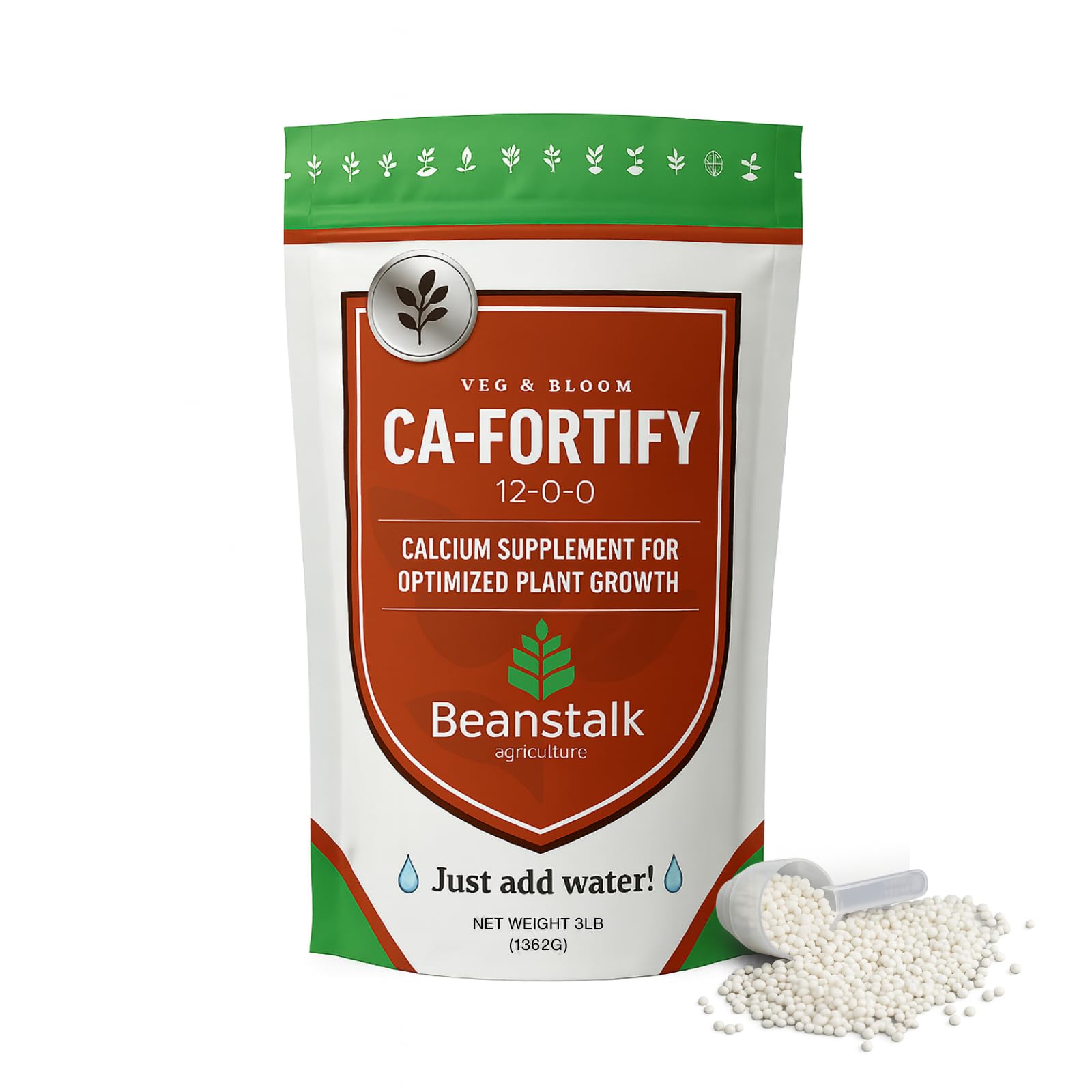 Beanstalk Agriculture Fortify bottle close-up highlighting 12-0-0 formula for strong stalks.