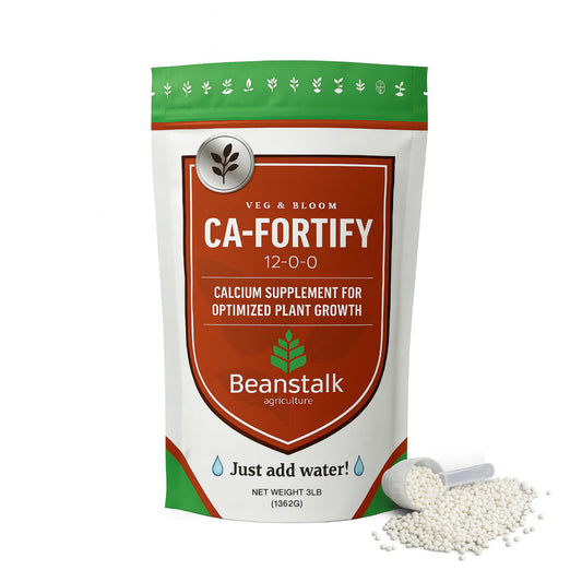 Beanstalk Agriculture Fortify bottle close-up highlighting 12-0-0 formula for strong stalks.