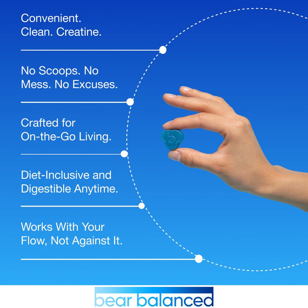 Bear Balanced Creatine Gummies label highlights focus and energy support.