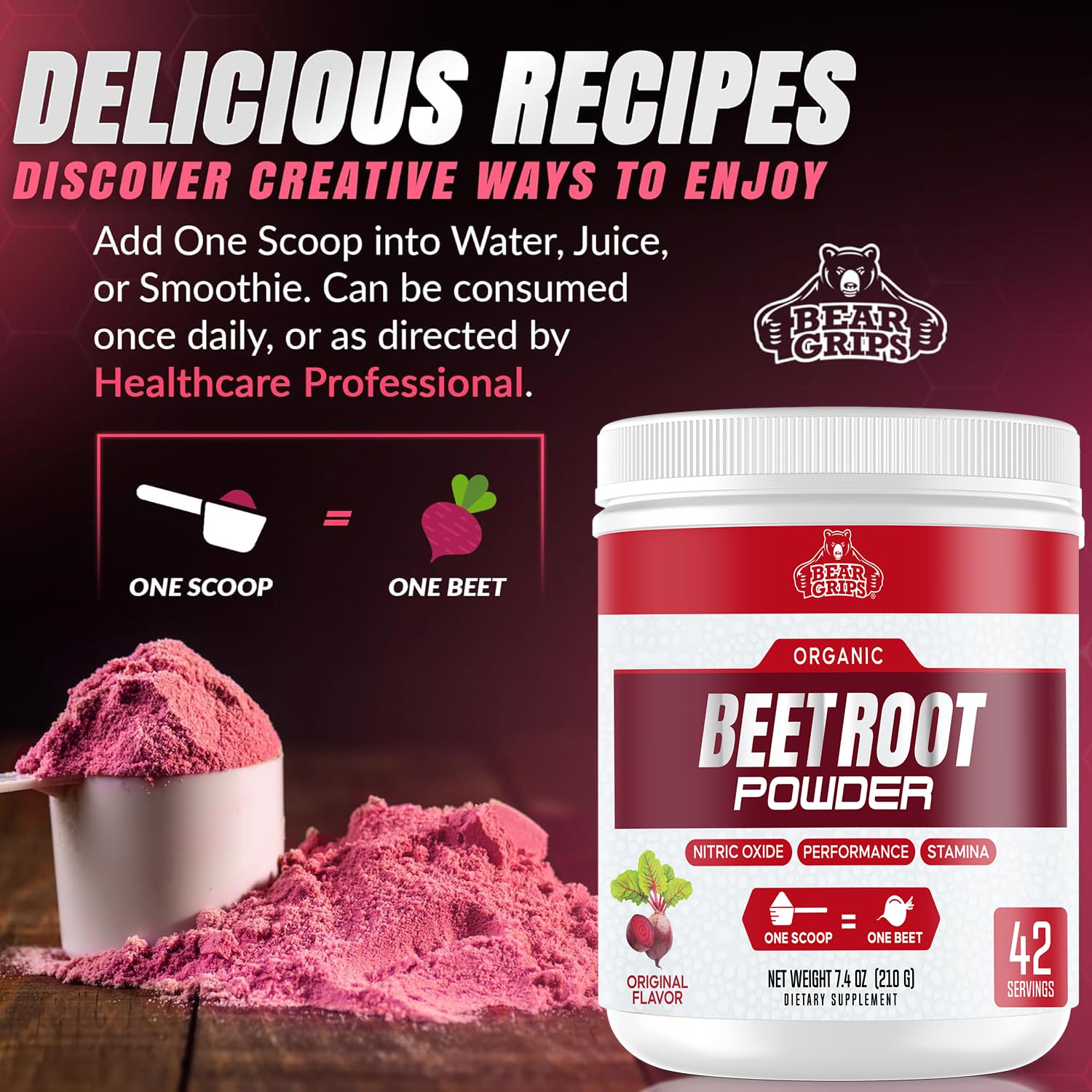Bear Grips Beet Root Powder packaging highlights allergen-free formulation