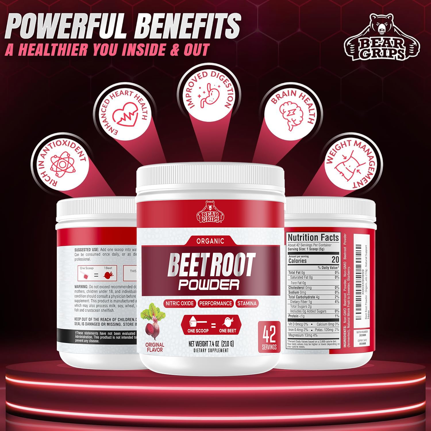 Bear Grips Beet Root Powder label shows organic, non-GMO, gluten-free ingredients
