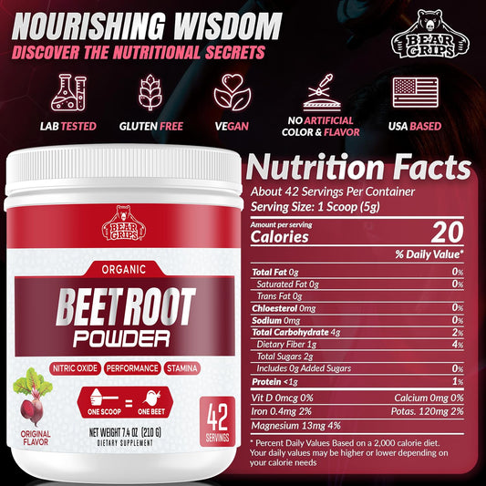 Bear Grips Beet Root Powder jar with scoop for easy daily measurements